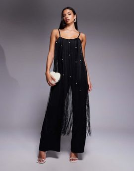 ASOS LUXE ASOS LUXE faux pearl embellished fringe jumpsuit in black