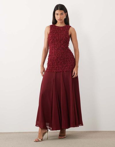 ASOS LUXE ASOS LUXE fluffy knit bodice maxi dress with chiffon skirt in burgundy-Red