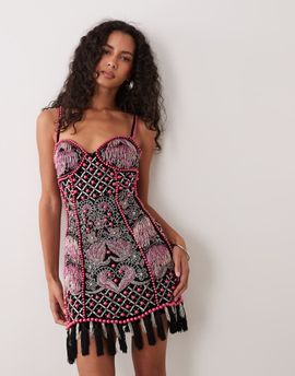 ASOS LUXE ASOS LUXE fringe embellished cami mini dress in black and pink-Multi