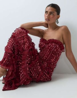 ASOS LUXE ASOS LUXE gem embellished bandeau maxi dress with scallop hem in burgundy-RED
