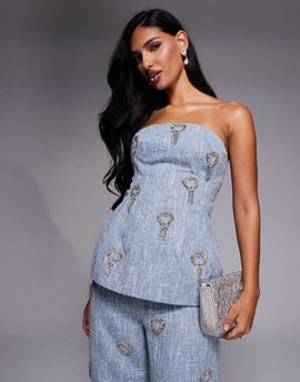 ASOS LUXE ASOS LUXE heart embellished bouclé corset bandeau top in light blue - part of a set