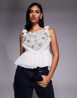 ASOS LUXE ASOS LUXE heart embellished peplum top with bow shoulder details in white