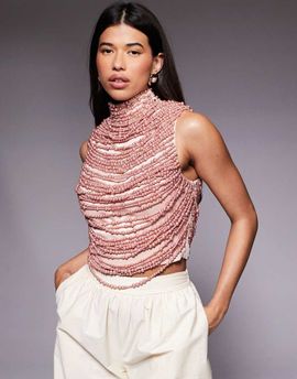 ASOS LUXE ASOS LUXE high neck beaded top in dusky pink