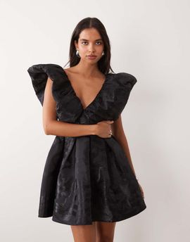 ASOS LUXE ASOS LUXE jacquard extreme ruffle mini dress in tonal black jacquard