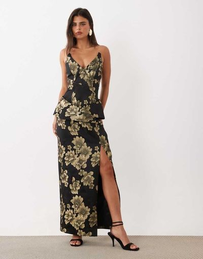 ASOS LUXE ASOS LUXE jacquard midi dress in black and gold jacquard-Multi