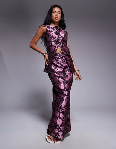 ASOS LUXE ASOS LUXE jacquard tailored skirt with split back in pink floral - part of a set-Multi