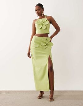 ASOS LUXE ASOS LUXE linen maxi skirt with 3D flower in pistachio - part of a set-Green
