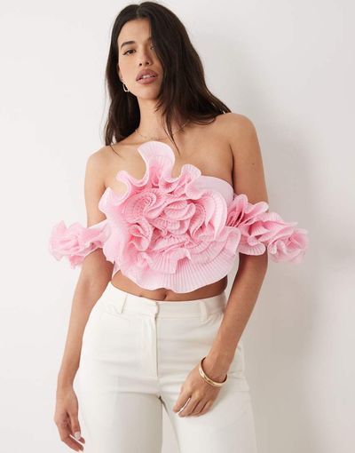 ASOS LUXE ASOS LUXE off-the-shoulder top with 3D flower detail in pink