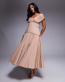 ASOS LUXE ASOS LUXE off shoulder pleated with moulded hips midi dress in mocha-Brown