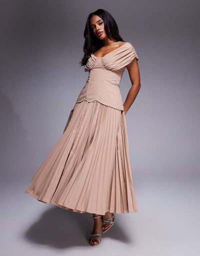 ASOS LUXE ASOS LUXE off shoulder pleated with moulded hips midi dress in mocha-Brown