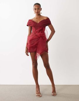 ASOS LUXE ASOS LUXE off the shoulder structured mini dress with organza skirt in burgundy
