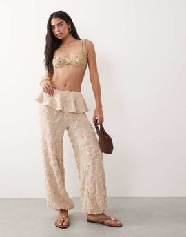 ASOS LUXE ASOS LUXE pants with skirt overlayer in floral texture in camel-Neutral