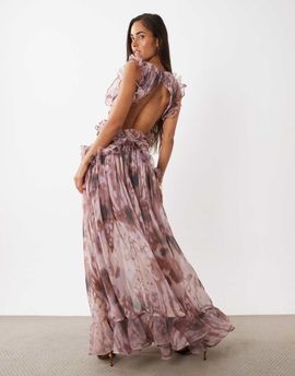 ASOS LUXE ASOS LUXE plunge maxi dress with ruched chiffon detail & open back in abstract print-Multi