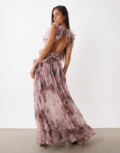 ASOS LUXE ASOS LUXE plunge maxi dress with ruched chiffon detail & open back in abstract print-Multi