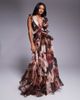 ASOS LUXE ASOS LUXE plunge maxi dress with ruched chiffon detail & open back in brown floral - 1