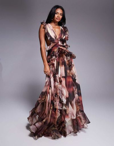 ASOS LUXE ASOS LUXE plunge maxi dress with ruched chiffon detail & open back in brown floral