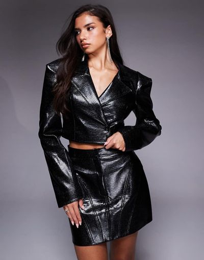 ASOS LUXE ASOS LUXE PU croc cropped blazer in black - part of a set