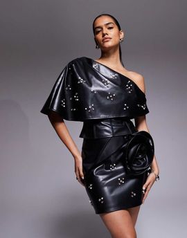 ASOS LUXE ASOS LUXE PU mini skirt with embellishment and corsage in black