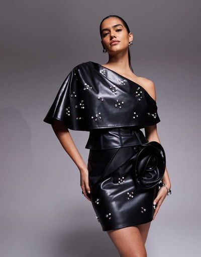ASOS LUXE ASOS LUXE PU mini skirt with embellishment and corsage in black