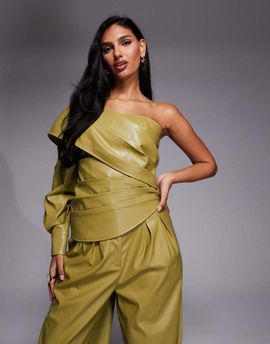 ASOS LUXE ASOS LUXE PU one shoulder pleated top in olive green - part of a set