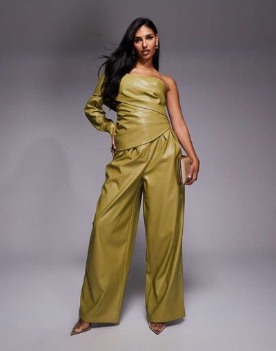 ASOS LUXE ASOS LUXE PU wide leg pleated pants in olive green - part of a set