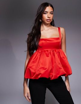 ASOS LUXE ASOS LUXE satin bubble peplum hem cami top in red
