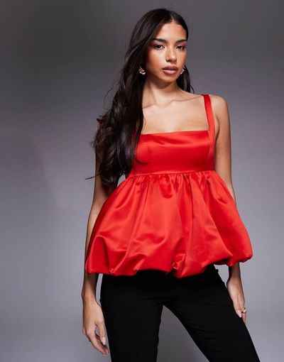 ASOS LUXE ASOS LUXE satin bubble peplum hem cami top in red