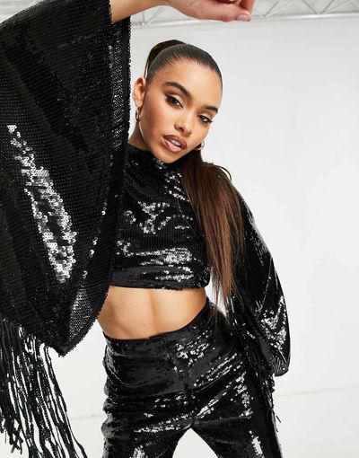 ASOS LUXE ASOS LUXE sequin fringe sleeve top with open back in black - part of a set