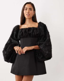 ASOS LUXE ASOS LUXE square neck textured mini dress with extreme sleeves in black