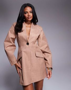 ASOS LUXE ASOS LUXE structured linen sculpted blazer dress in camel-Brown