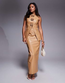 ASOS LUXE ASOS LUXE tailored skirt with split back in tan PU - part of a set-Brown