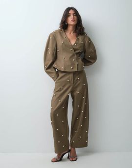 ASOS LUXE ASOS LUXE tailored trouser with pearl embellishment in khaki-Green
