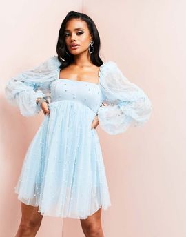 ASOS LUXE ASOS LUXE tulle baby doll dress with pearl embellishment in blue