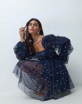 ASOS LUXE ASOS LUXE tulle baby doll dress with pearl embellishment in navy