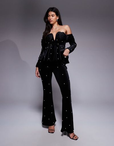 ASOS LUXE ASOS LUXE velvet pants with pearl embellishment in black - part of a set-Multi