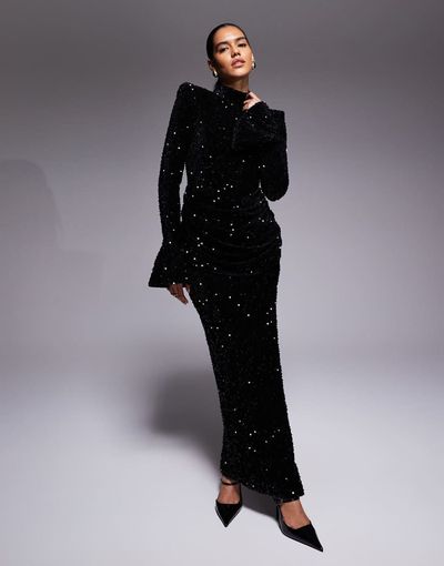 ASOS LUXE ASOS LUXE velvet sequin maxi dress with draped waist in black