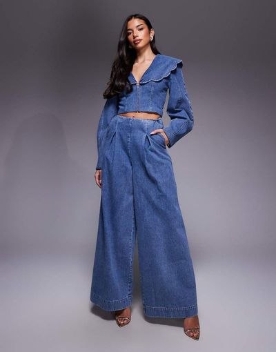 ASOS LUXE ASOS LUXE wide leg denim jeans with corset detail in mid blue - part of a set