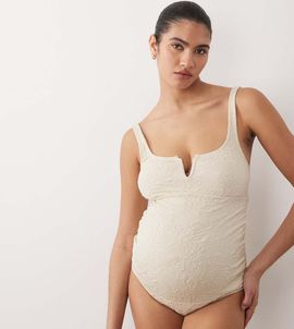 ASOS Maternity ASOS DESIGN Maternity Cassi v-wire one-piece swimsuit in champagne-Multi