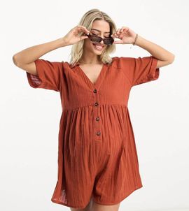 ASOS Maternity ASOS DESIGN Maternity crinkle collared smock romper in rust-Neutral