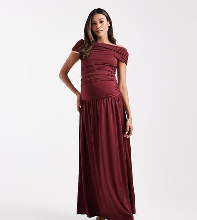 ASOS Maternity ASOS DESIGN Maternity drop waist ruched maxi skirt in burgundy - part of a set-Red
