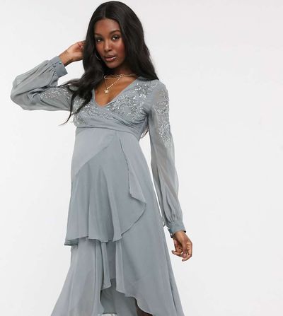 ASOS Maternity ASOS DESIGN Maternity embellished wrap waist midi dress with double layer skirt and long sleeve in dusty blue-Blues