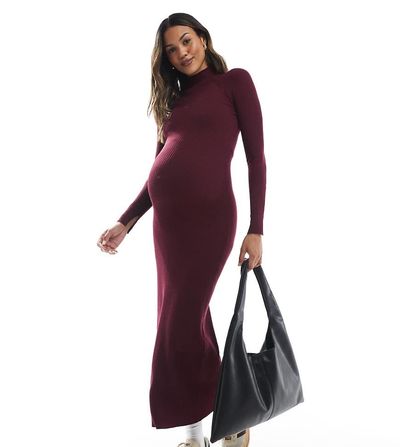 ASOS Maternity ASOS DESIGN Maternity fine-gauge knit maxi dress with ribbed detailing in burgundy-Red