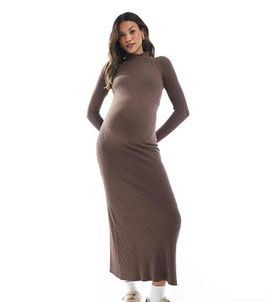ASOS Maternity ASOS DESIGN Maternity fine-gauge knit maxi dress with ribbed details in mocha-Brown
