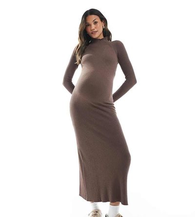 ASOS Maternity ASOS DESIGN Maternity fine-gauge knit maxi dress with ribbed details in mocha-Brown