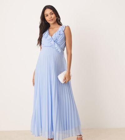 ASOS Maternity ASOS DESIGN Maternity frill wrap detail pleated midi dress in baby blue-Multi