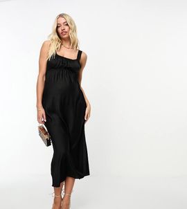 ASOS Maternity ASOS DESIGN Maternity gathered babydoll satin midi slip dress in black