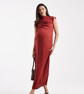 ASOS Maternity ASOS DESIGN Maternity high neck sleeveless midi dress with draped neck in rust-Multi
