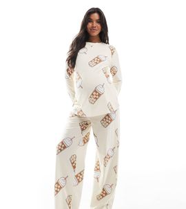 ASOS Maternity ASOS DESIGN Maternity Iced coffee long sleeve top and pants pajama set in beige-Neutral
