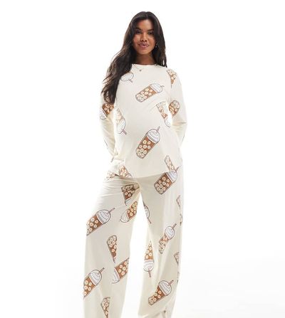 ASOS Maternity ASOS DESIGN Maternity Iced coffee long sleeve top and pants pajama set in beige-Neutral