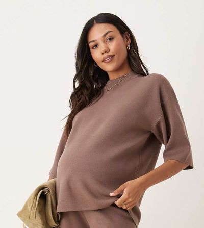 ASOS Maternity ASOS DESIGN Maternity knit structured oversized t-shirt in mocha-Brown